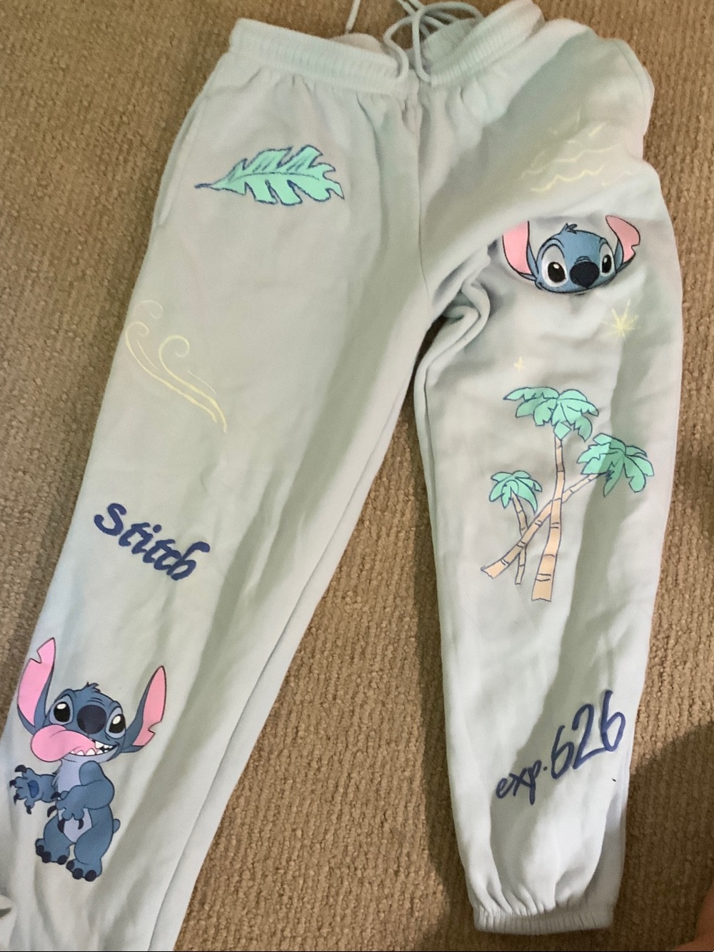 Disney Light Gray Stitch Graphic Sweatpants with Teal and Pink Accents